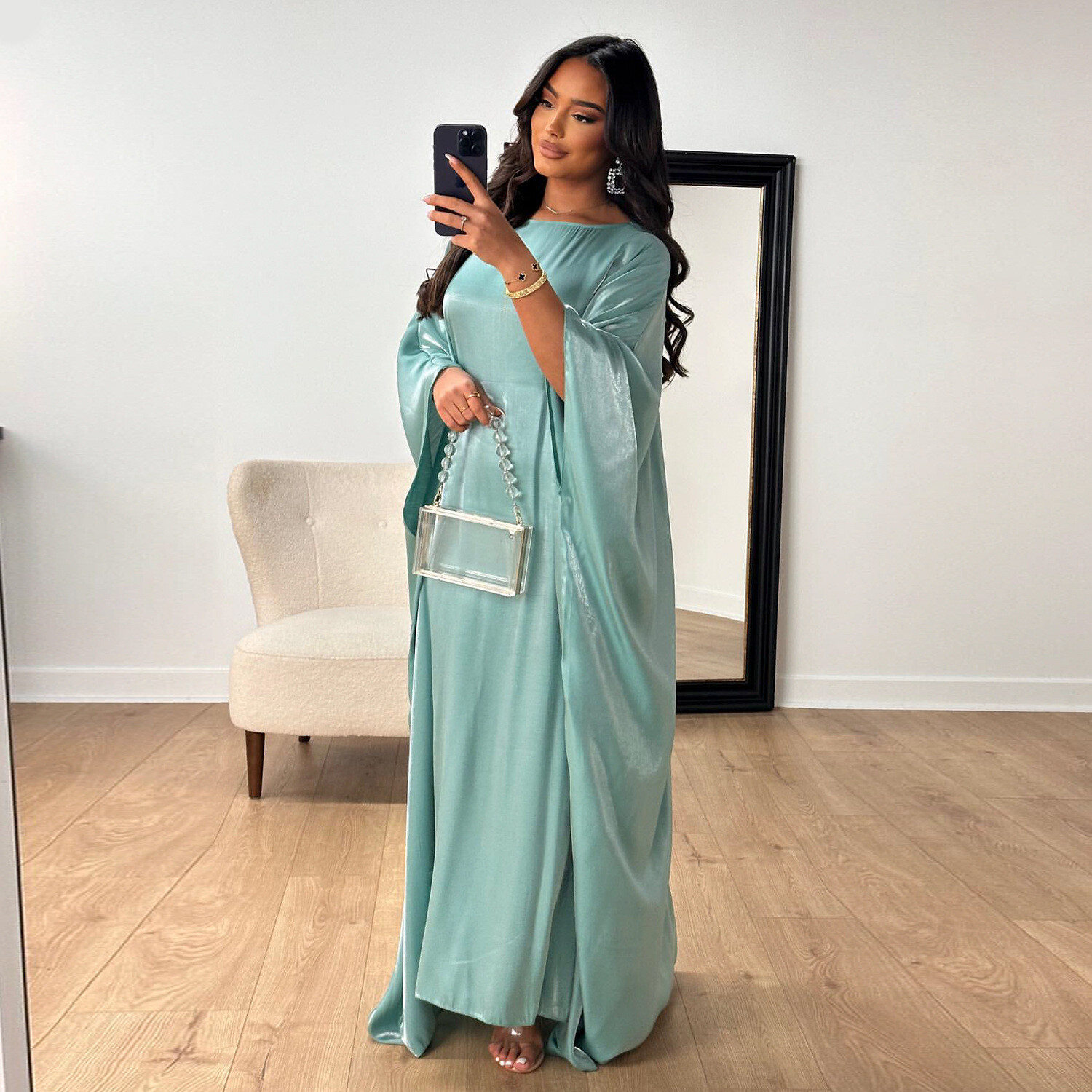 Women Shiny Dress Fashion Muslim Arab Robe Loose Bat Sleeved Round Neck Burqas