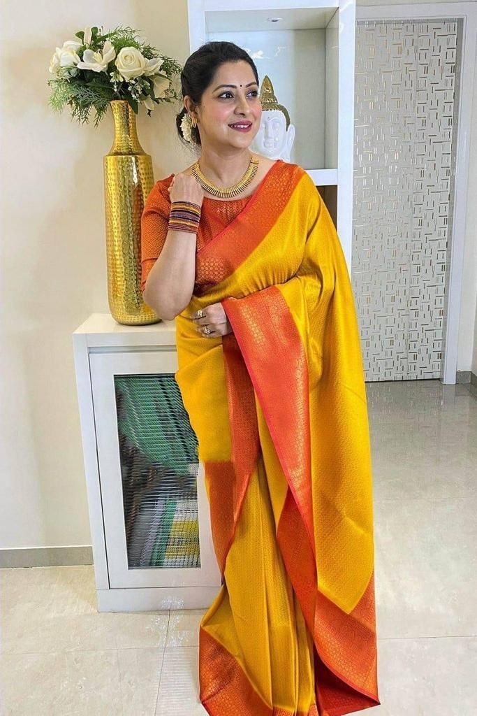 Traditional Yellow Lichi Silk Saree with Jacquard Zari Border and Blouse indian