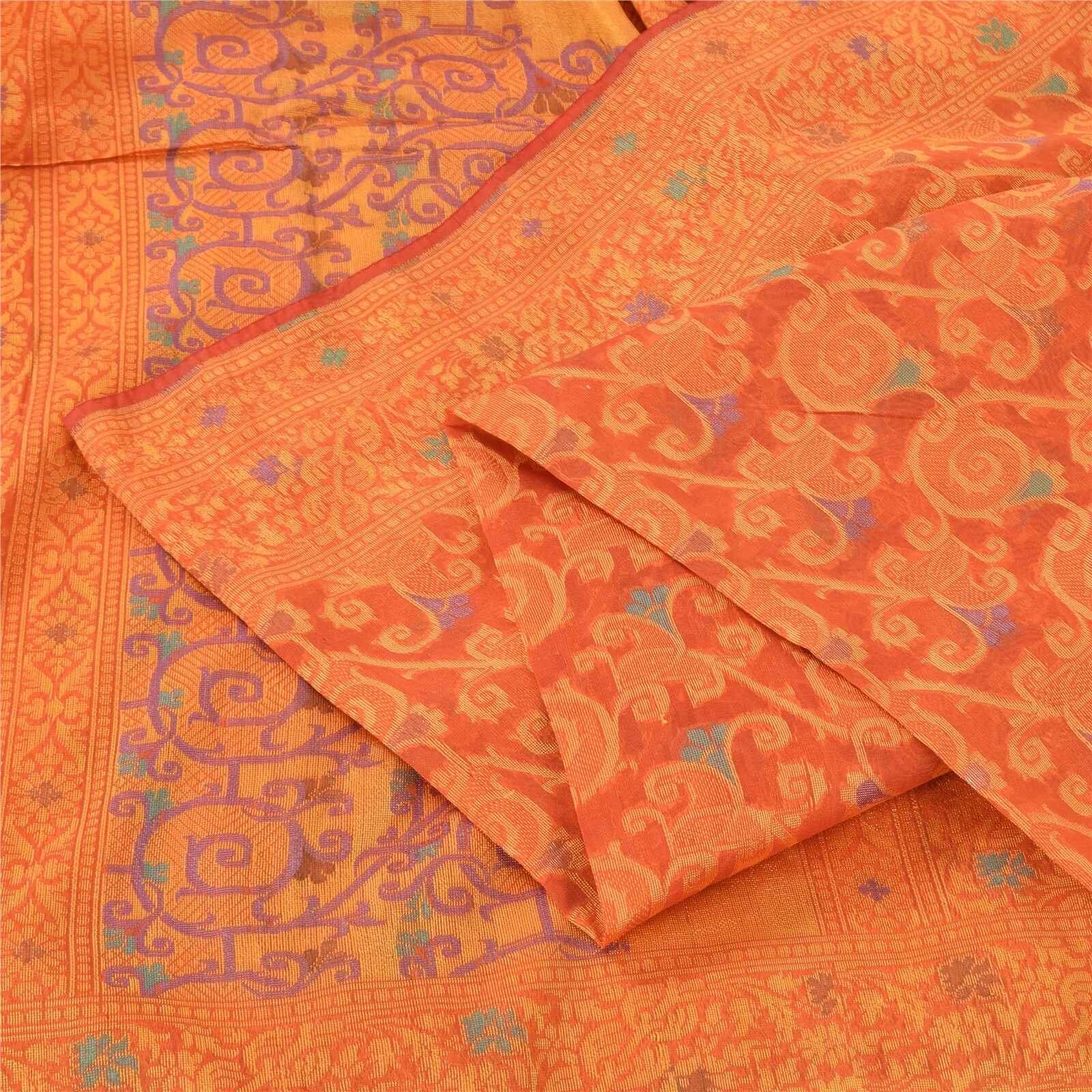 Sanskriti Vintage Orange Sarees Blend Silk Hand Woven Premium Sari Craft Fabric