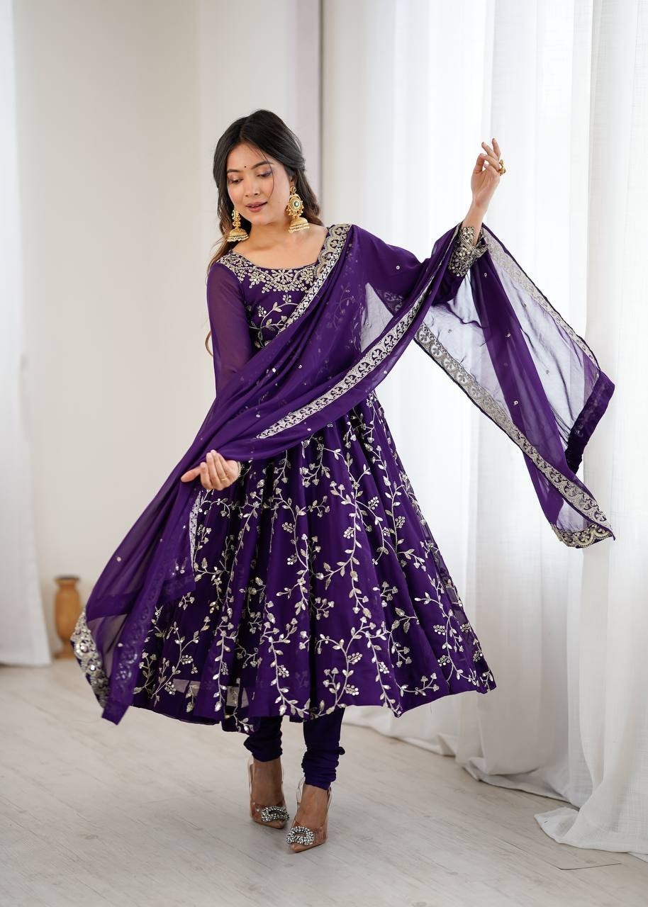 Elegant Purple Georgette Embroidery Sequins Work Flared Anarkali Gown 3 Pc Set