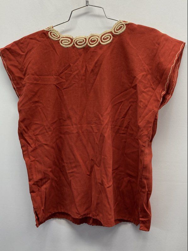 Women’s Terracotta Orange Floral Embroidered Blouse Mexican Peasant Huipil Top