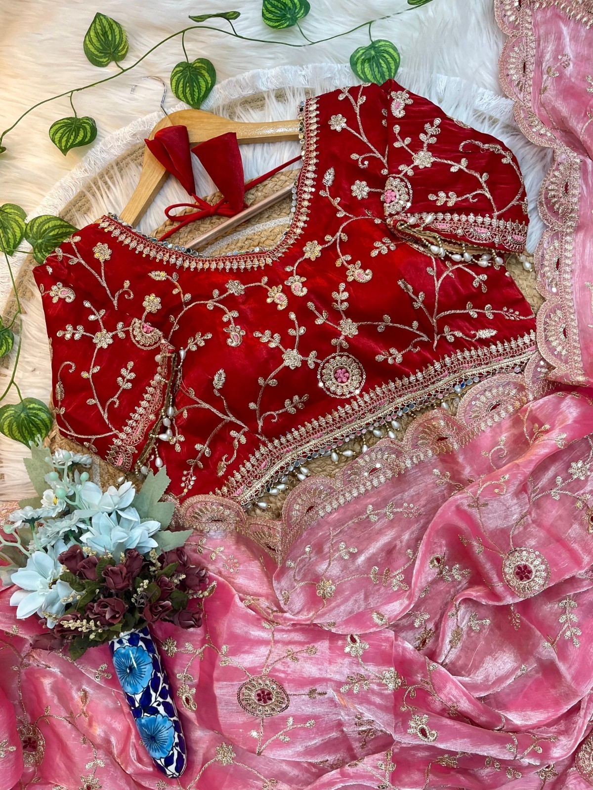 Cherry Red & Baby Pink Organza Saree With Designer Embroidered Blouse