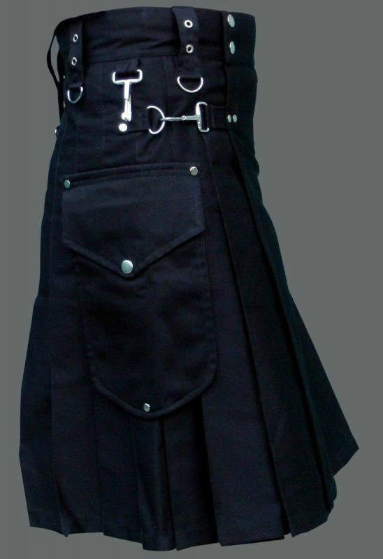 Scottish Black Drilled Cotton Highland Fashion Utility Round Pocket Men’s Kilts