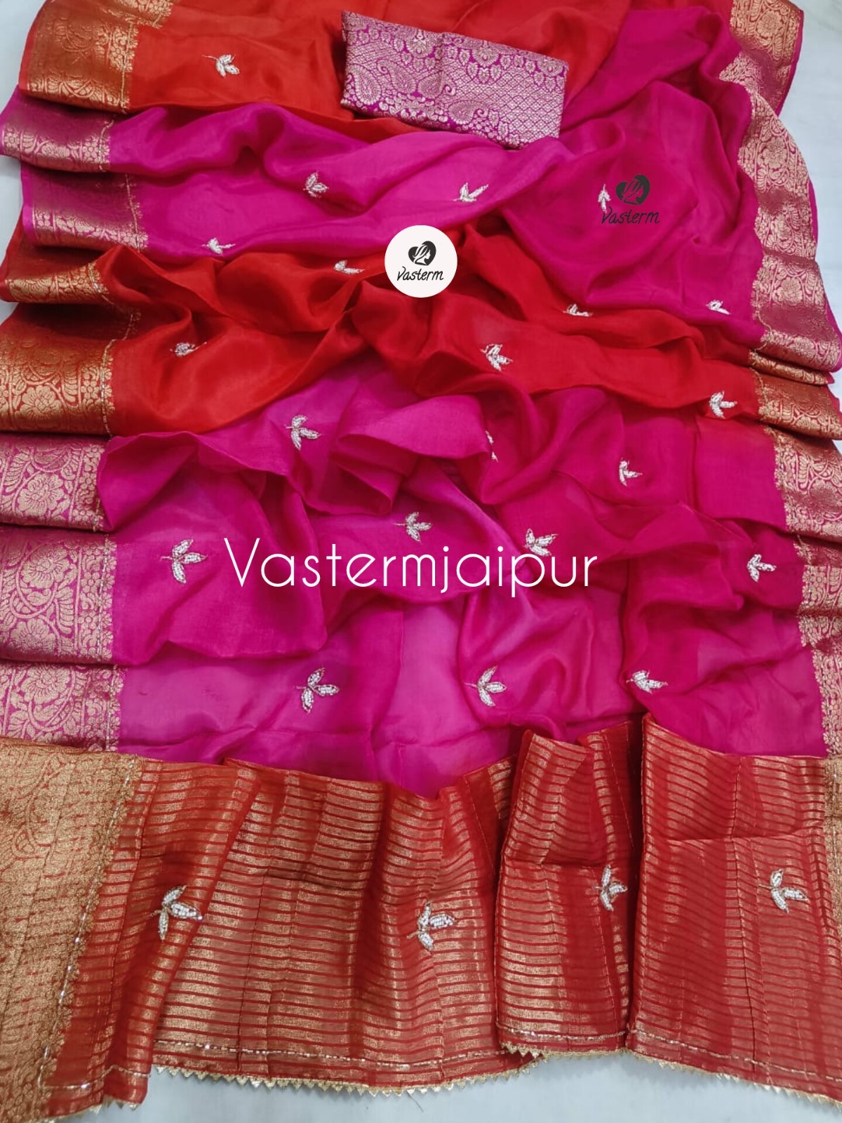 Rani Pink Red Indian Silk Saree Hand Cutdana Work Designer Wedding Party Sari