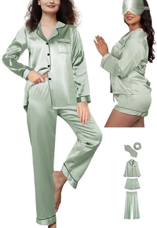 5Pcs XS-XXL Womens Silk Satin Pajamas Sets Long Pj Sets Medium Dusty Blue-c