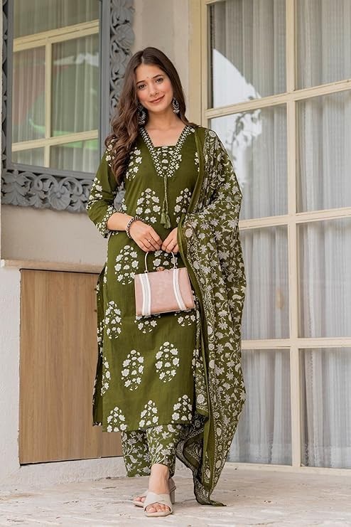 Women’s Pure Cotton Printed Straight Kurta Set with Palazzo Pants & Dupatta