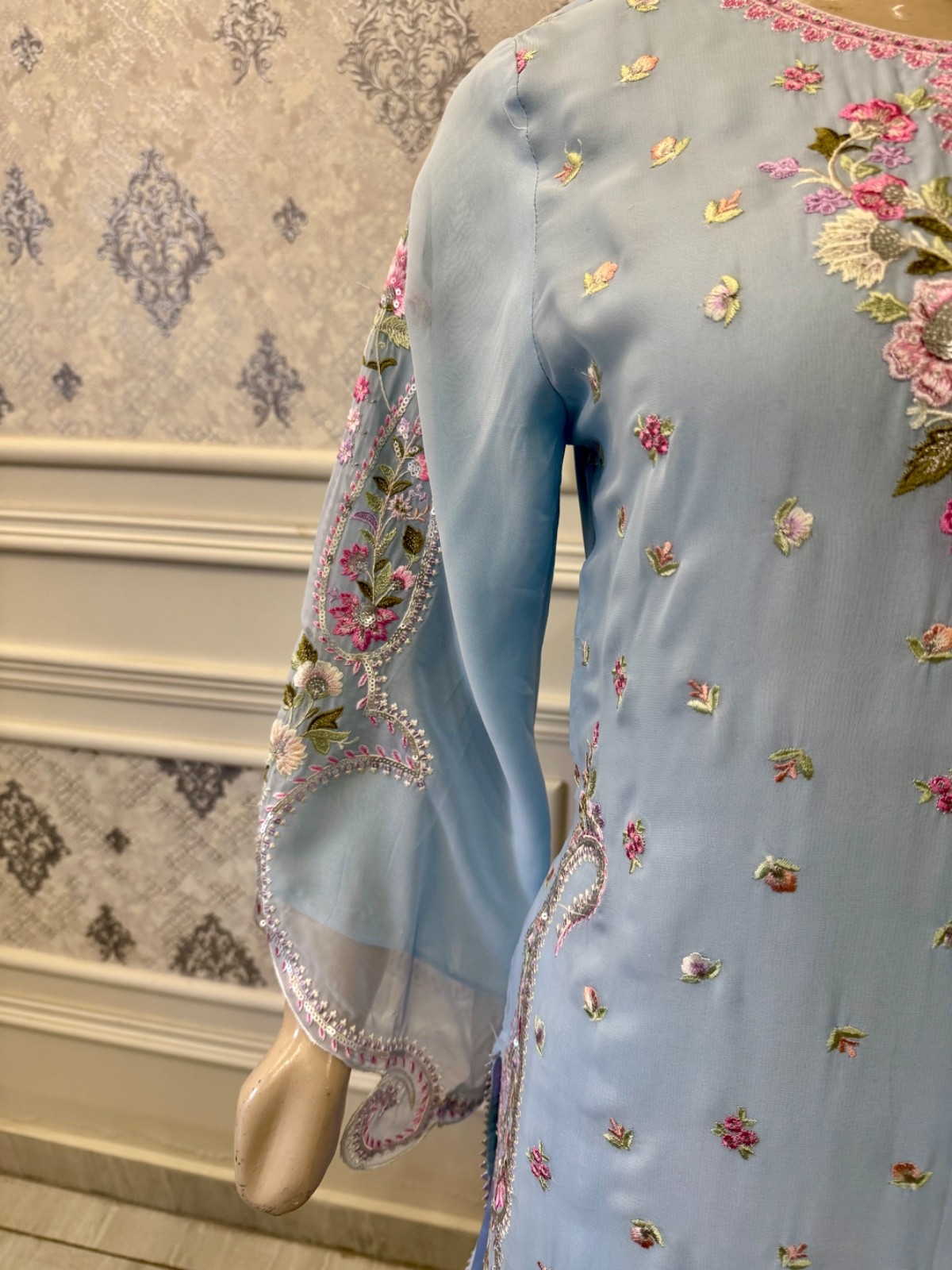 Pakistani Light Blue chiffon & Silk fancy Embroidered Sharara Dress,XL