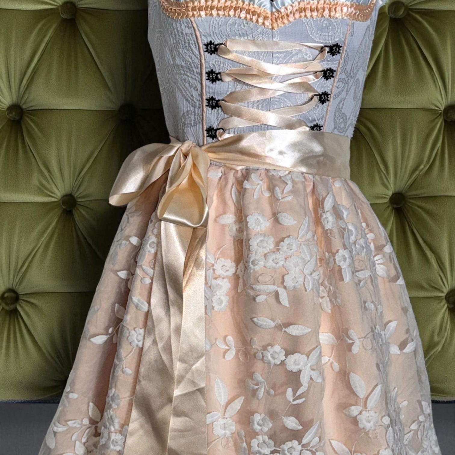 S Dirndl Dress German Austrian Oktoberfest Party Lace Floral Light Blue Beige