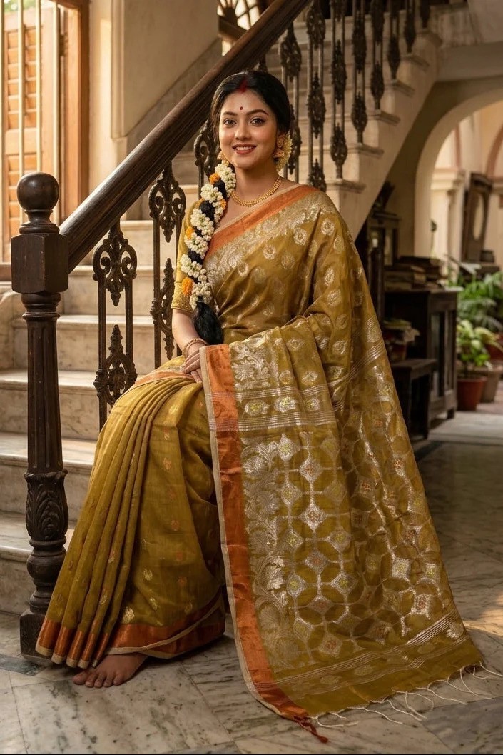 Women Green Banarasi Khadi Saree With Unstitched Blouse Piece
