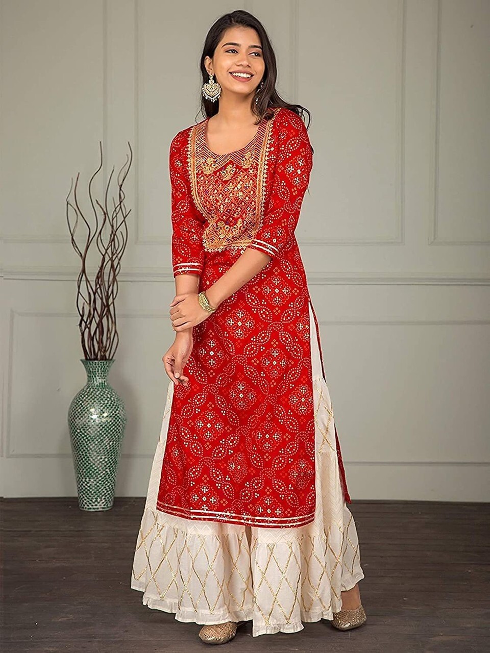 Rayon Straight Kurti with White Sharara Plazzo for Women & Girls Dress