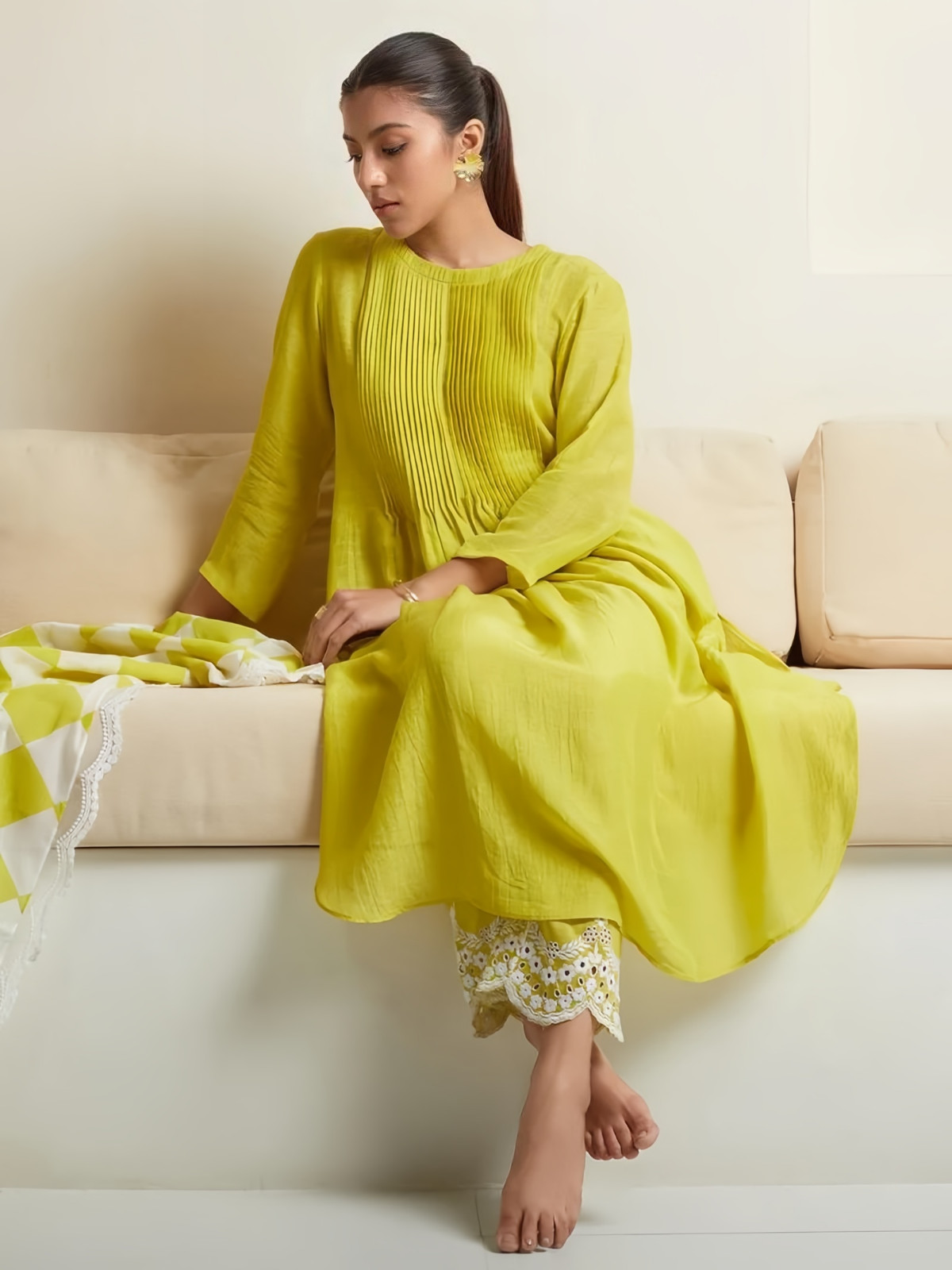Lime Yellow Kurta with Embroidered Palazzo Pants 3/4 Sleeve Casual Wear Set