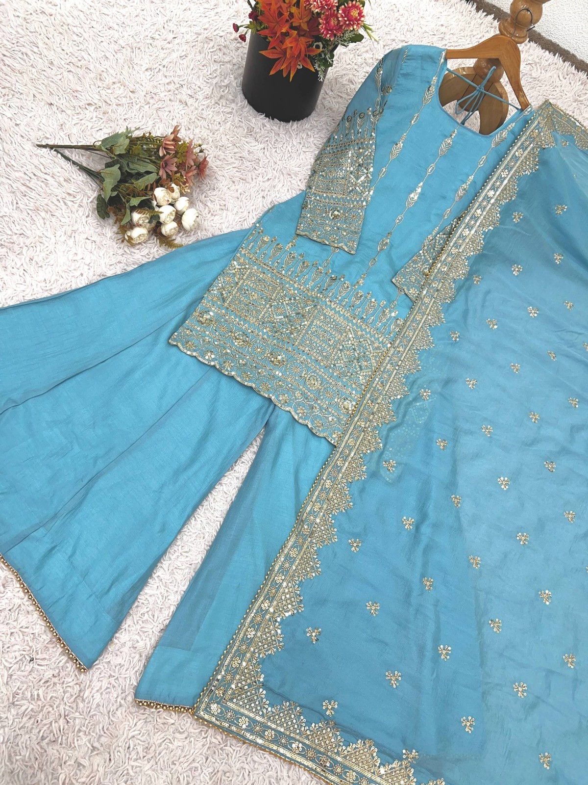 Presenting New Designer Vichitra Silk Kurta Palazzo With Dupatta For Party Wear