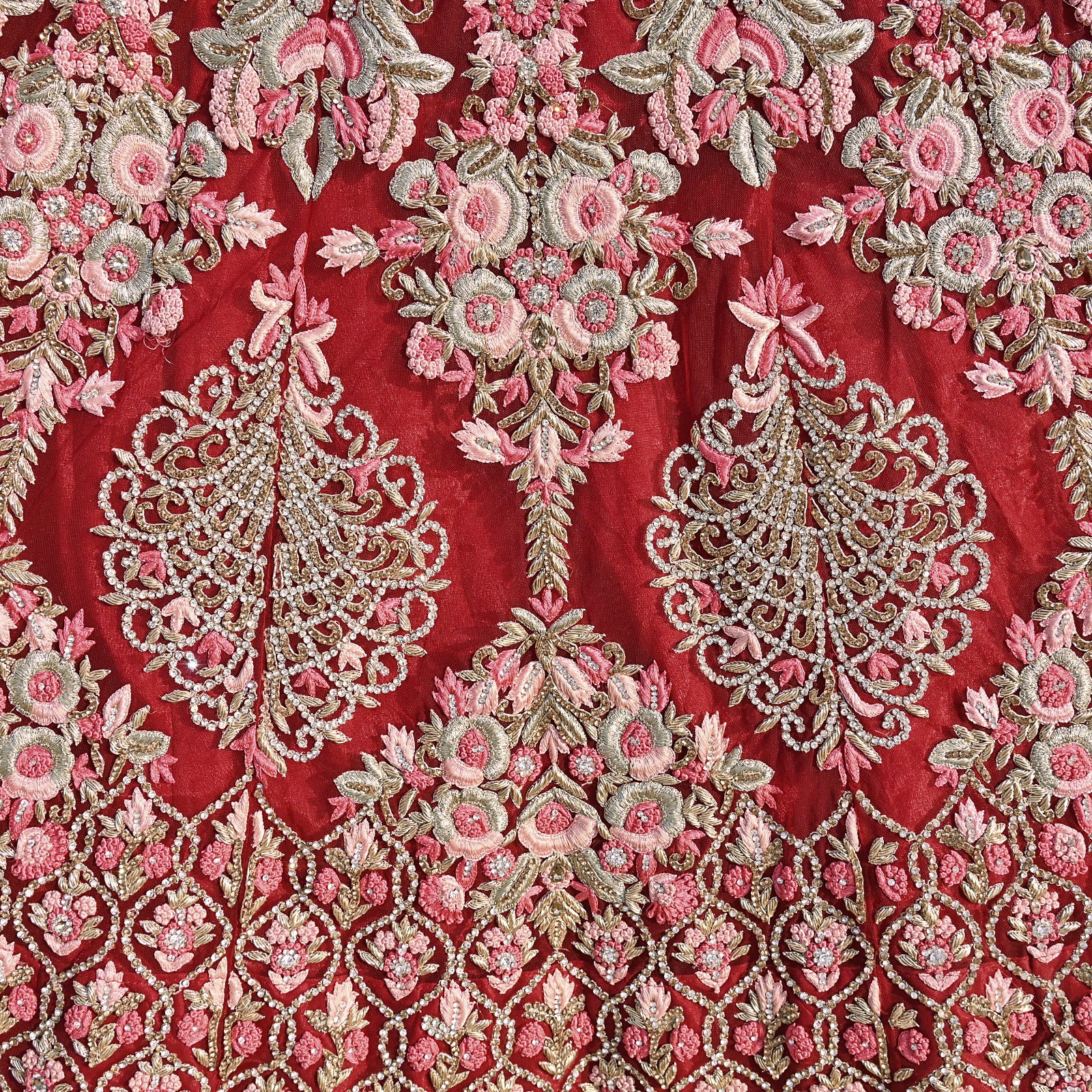 Indian Heavy Wedding Red Net/Mesh Hand Embroidered Lehenga 3pcs Designer Set