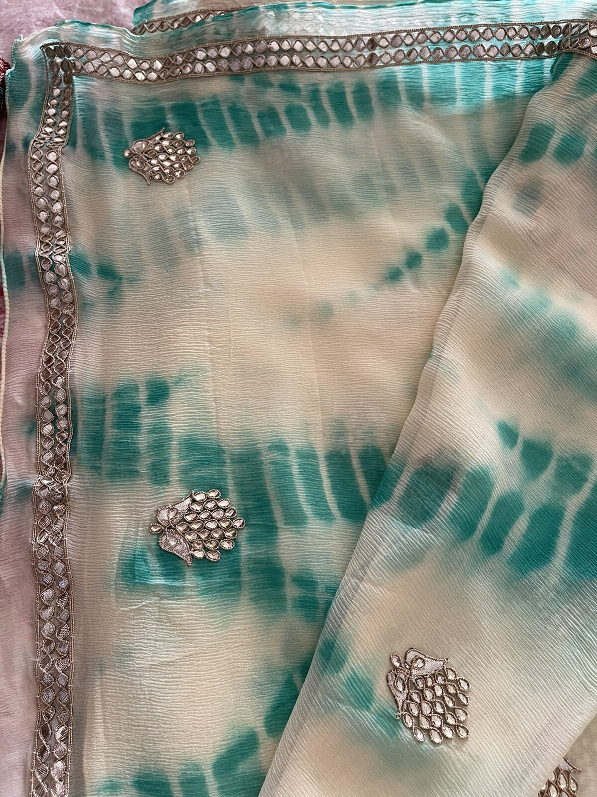 Beautiful Shibori Saree Gota Patti Border RARE color Jaipur Saree Tie Dye