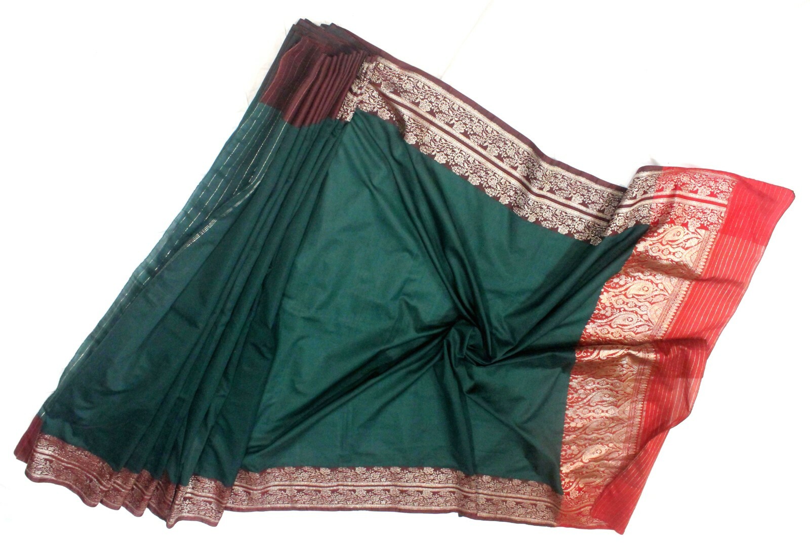 Vintage GREEN RED Brocade Sari Organza Silk Banarasi Antiquer Zari Work Saree