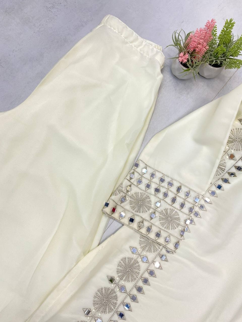 Presenting Off White Georgette Top And Palazzo With Dupatta For Party Wear