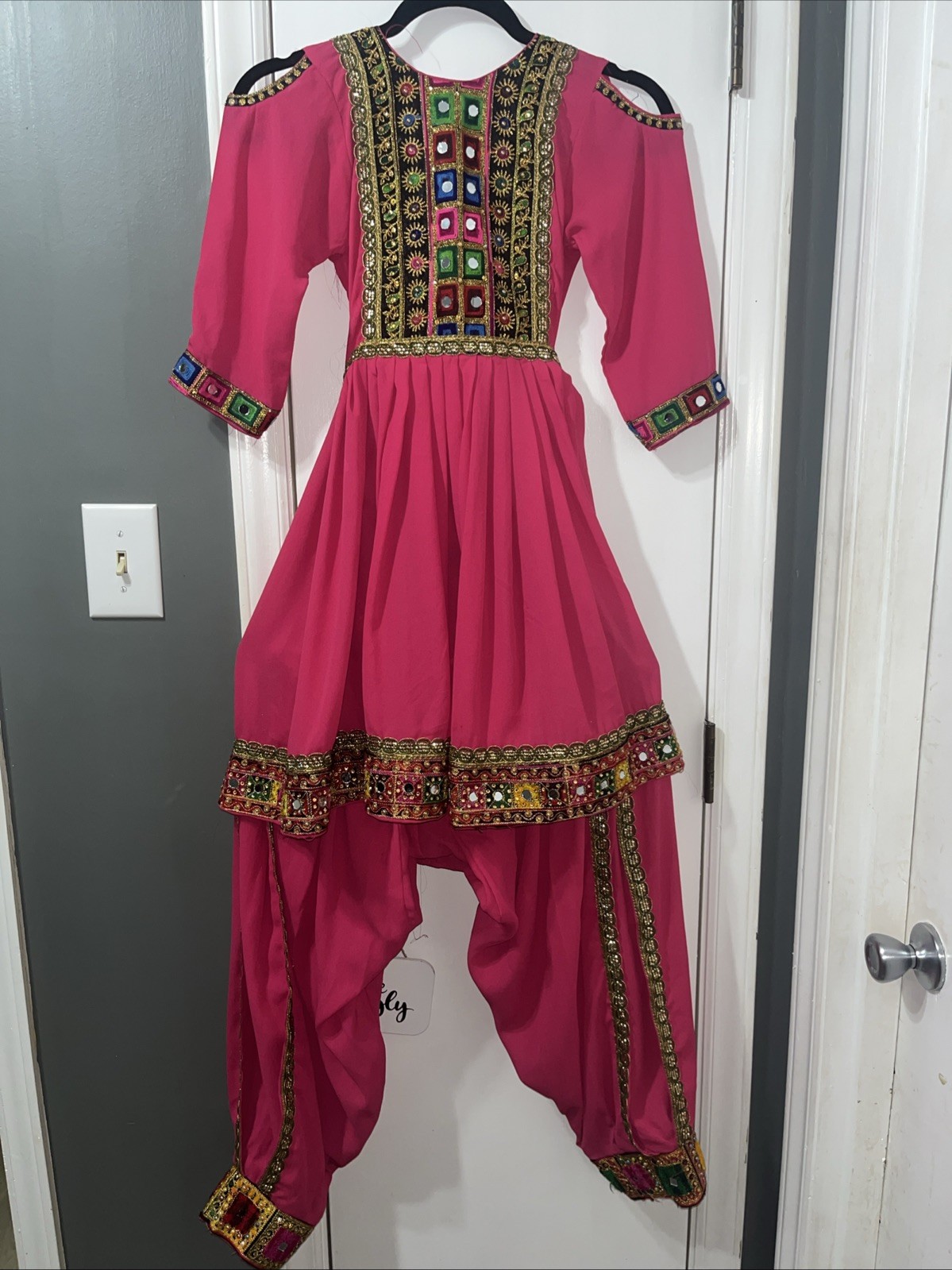 Tradition Afghan Kuchi Tribal Dress Pant Set Child Pink Mirror Embroider Custom