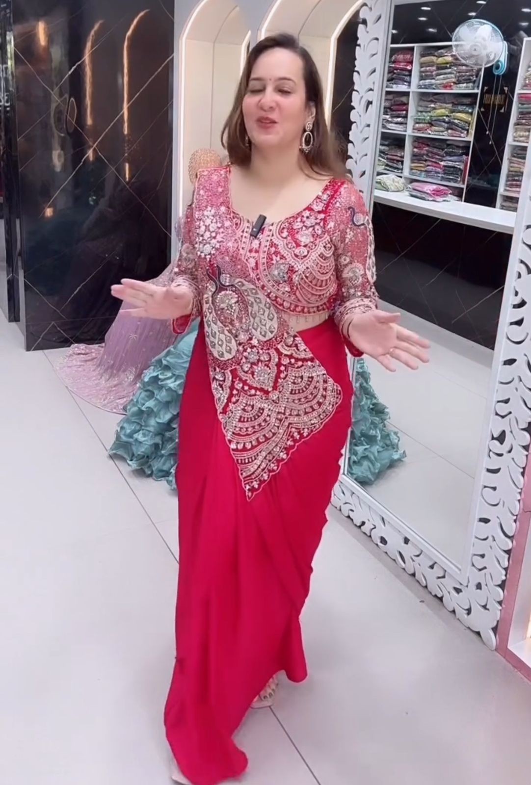 Red Color Crepe Silk Sequence Embroidered Work Ready To Wear Saree Stitch Blouse