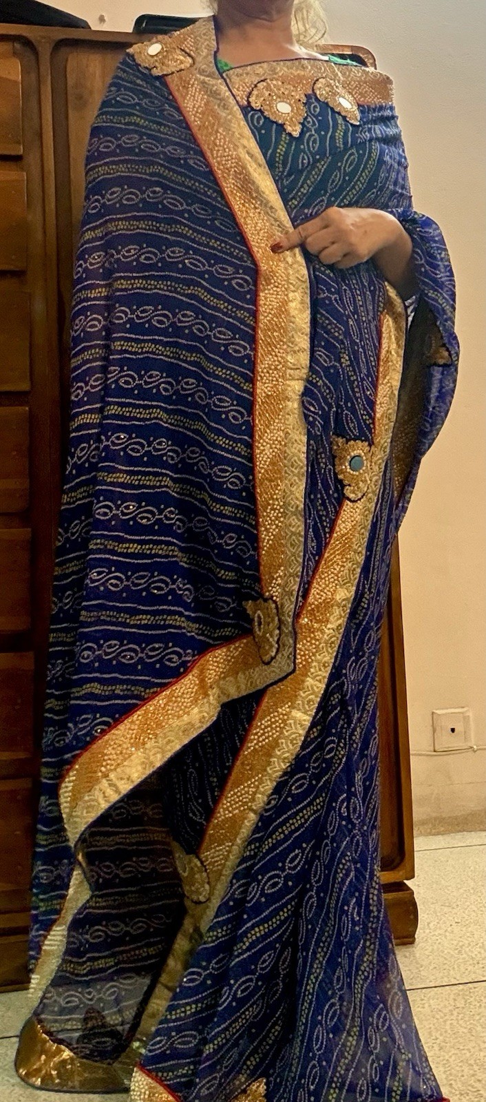 Women’s Blue Gold Chiffon Synthetic Saree with Decorative Gold Border
