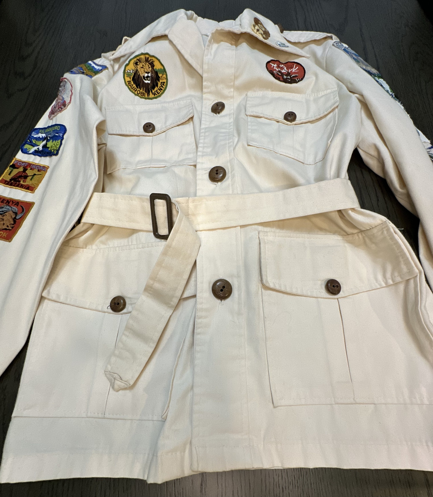 Vintage Safari Jacket 1970’s with 18 Vintage African Patches Boys or Small Woman
