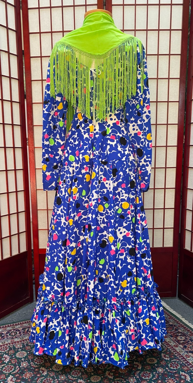 Flamenco Dress with Multi-Color Print, Lime Green Shawl and Yellow Petticoat