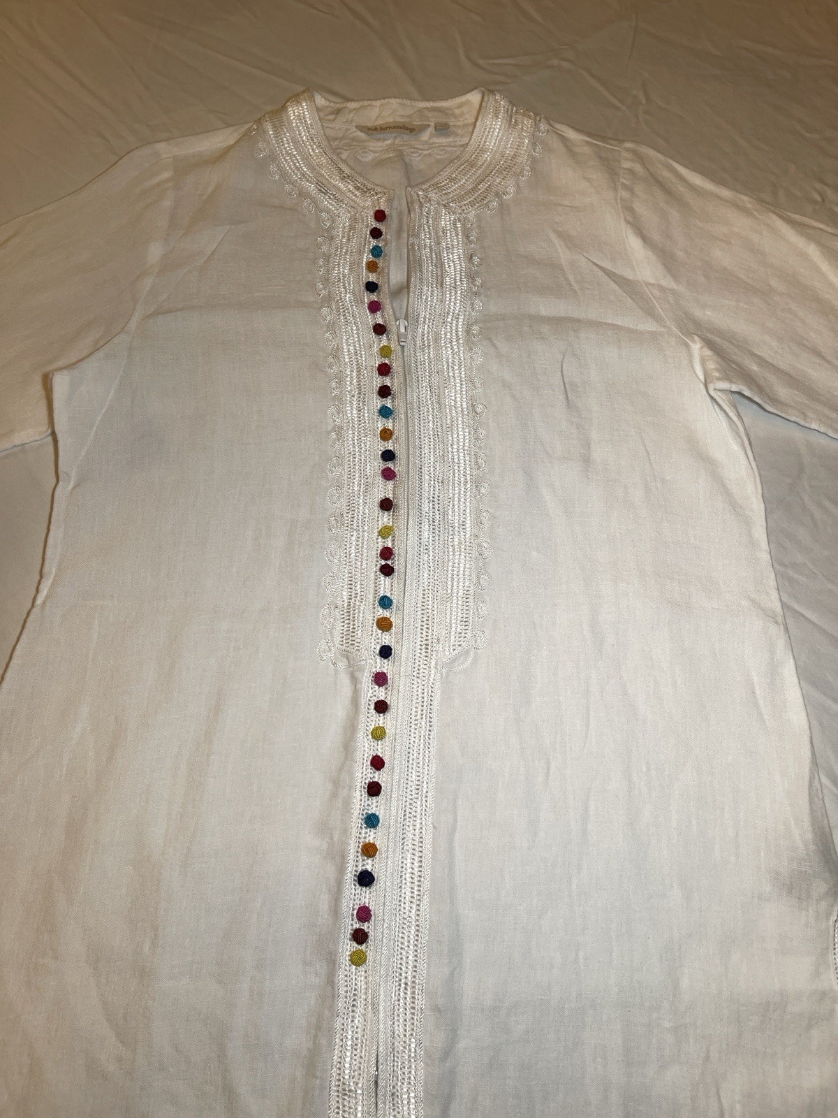 Soft Surroundings Women’s White Linen Embroidered Kurta Medium Made in India