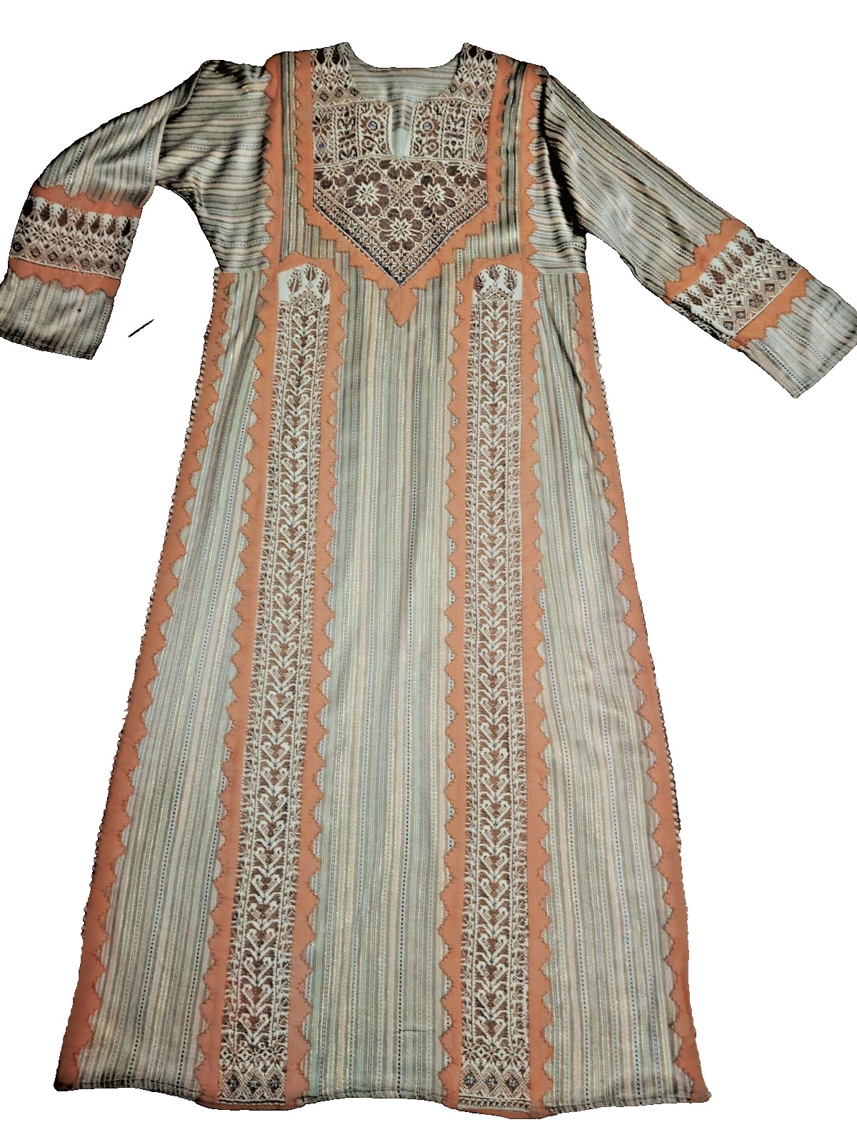 Vtg Handmade Traditional Embroidered Thobe Arabic Ethnic Long Sleeve Dress SizeL