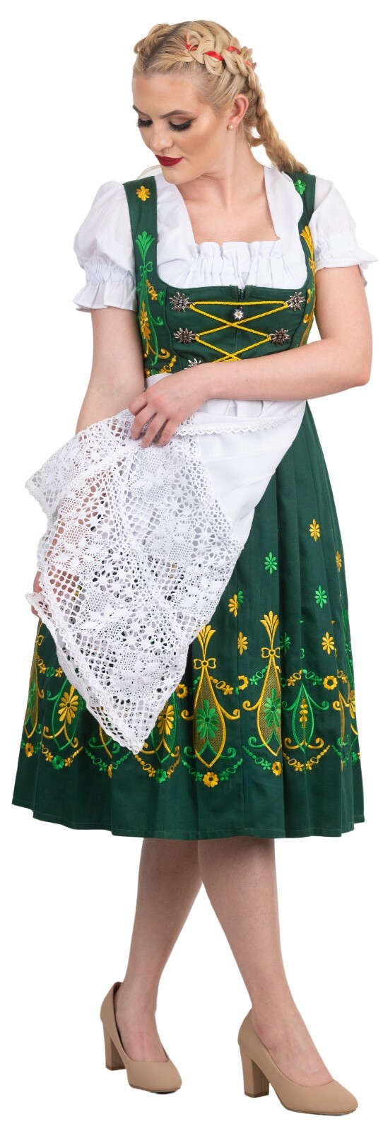 S 6 Green German Dirndl Dress + Lace Apron +Top EMBROIDERED Oktoberfest Party