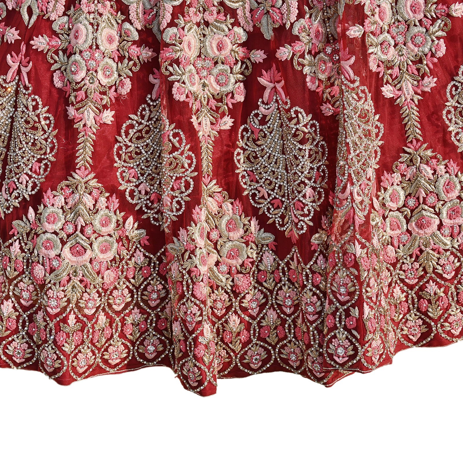 Indian Heavy Wedding Red Net/Mesh Hand Embroidered Lehenga 3pcs Designer Set