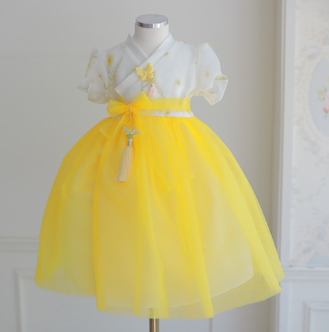 Korean Summer Hanbok Dress Baby Toddler Girl Flower Yellow Birthday Dress-Ariran