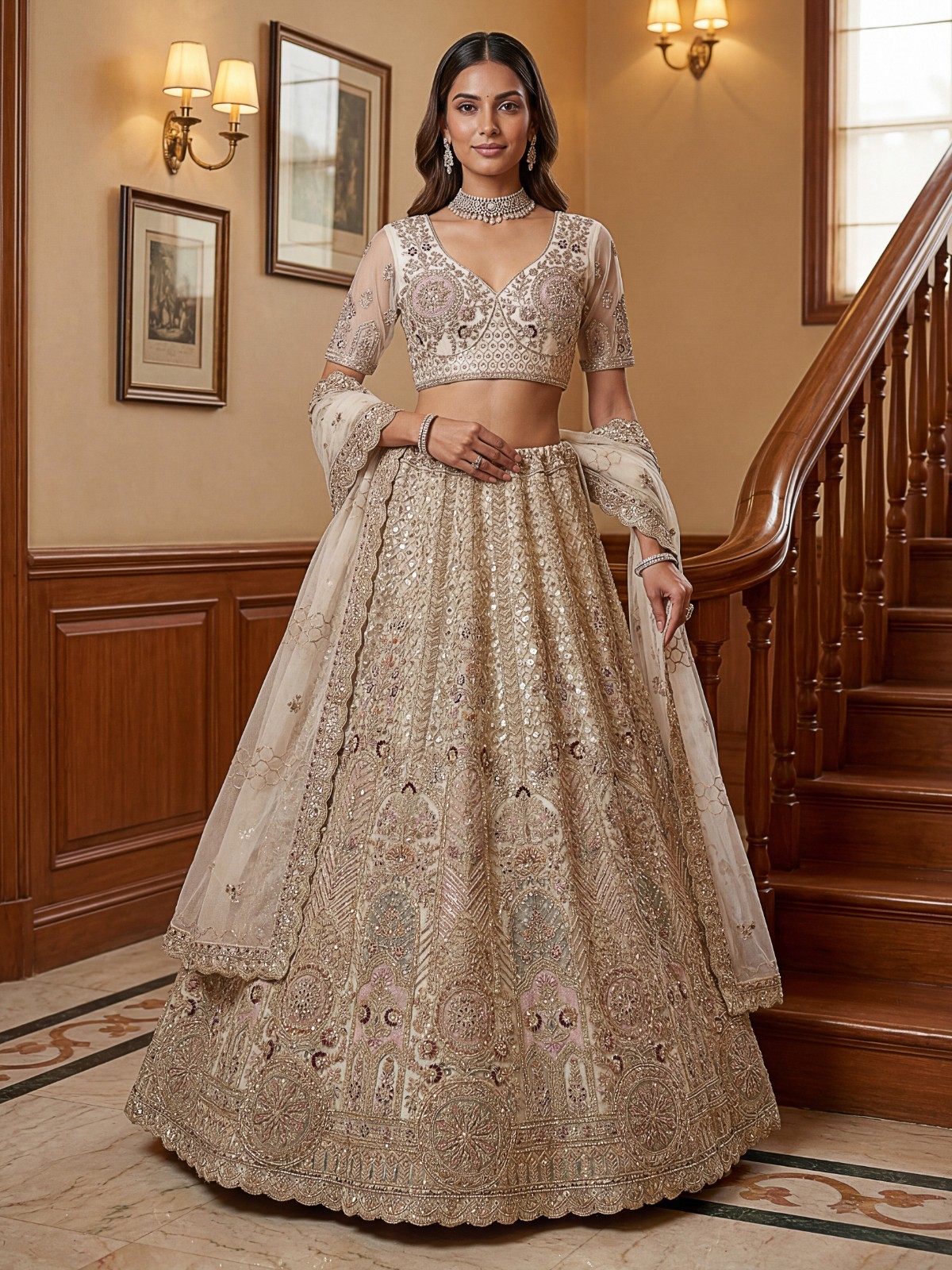 Luxury Bridal Net Lehenga Choli Multi Thread Embroidery Party Wear