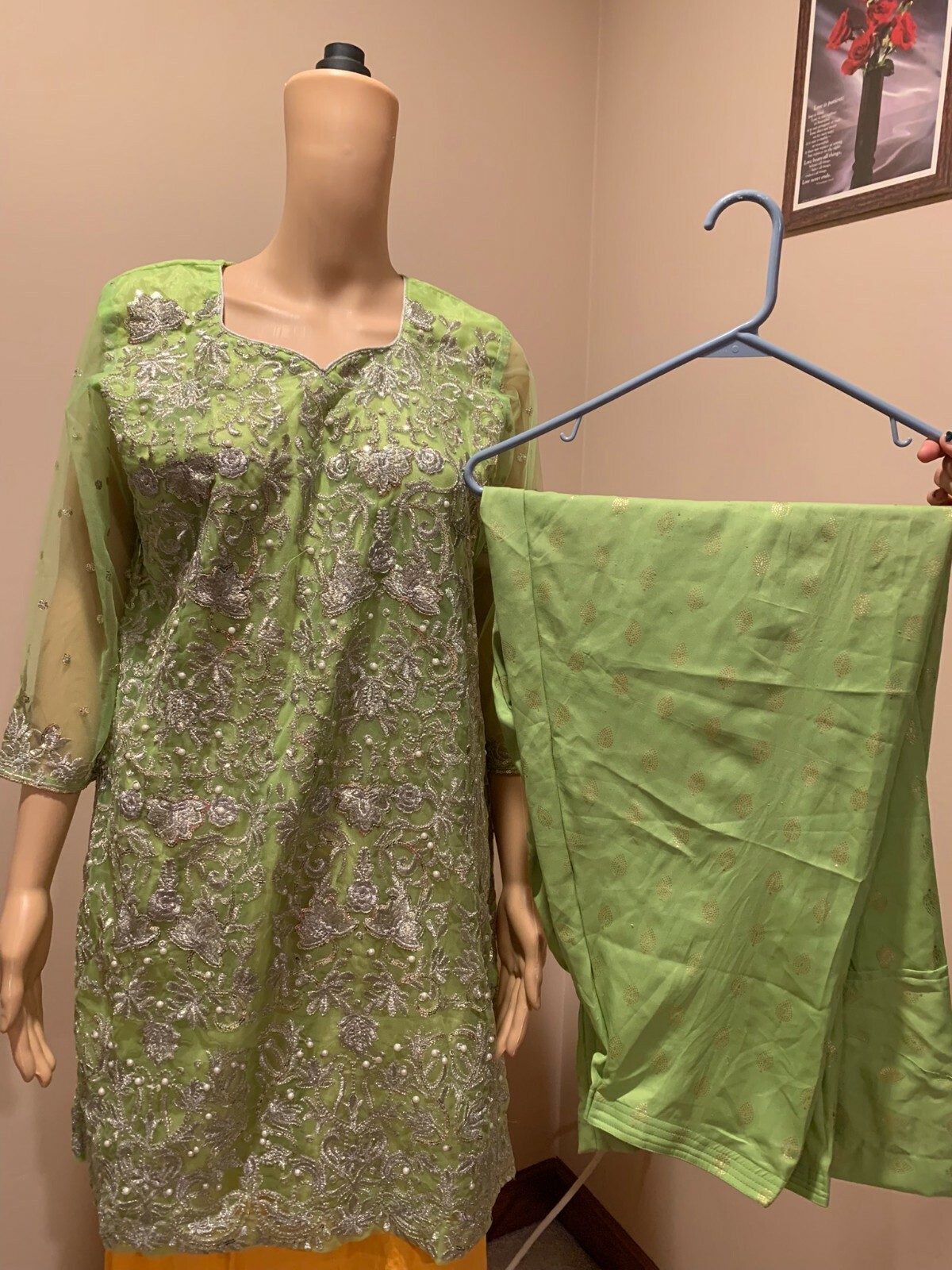 Soft Net Shirt with Embroidery, Beads and Pearls Shalwar Kameez Indian/Pakistani