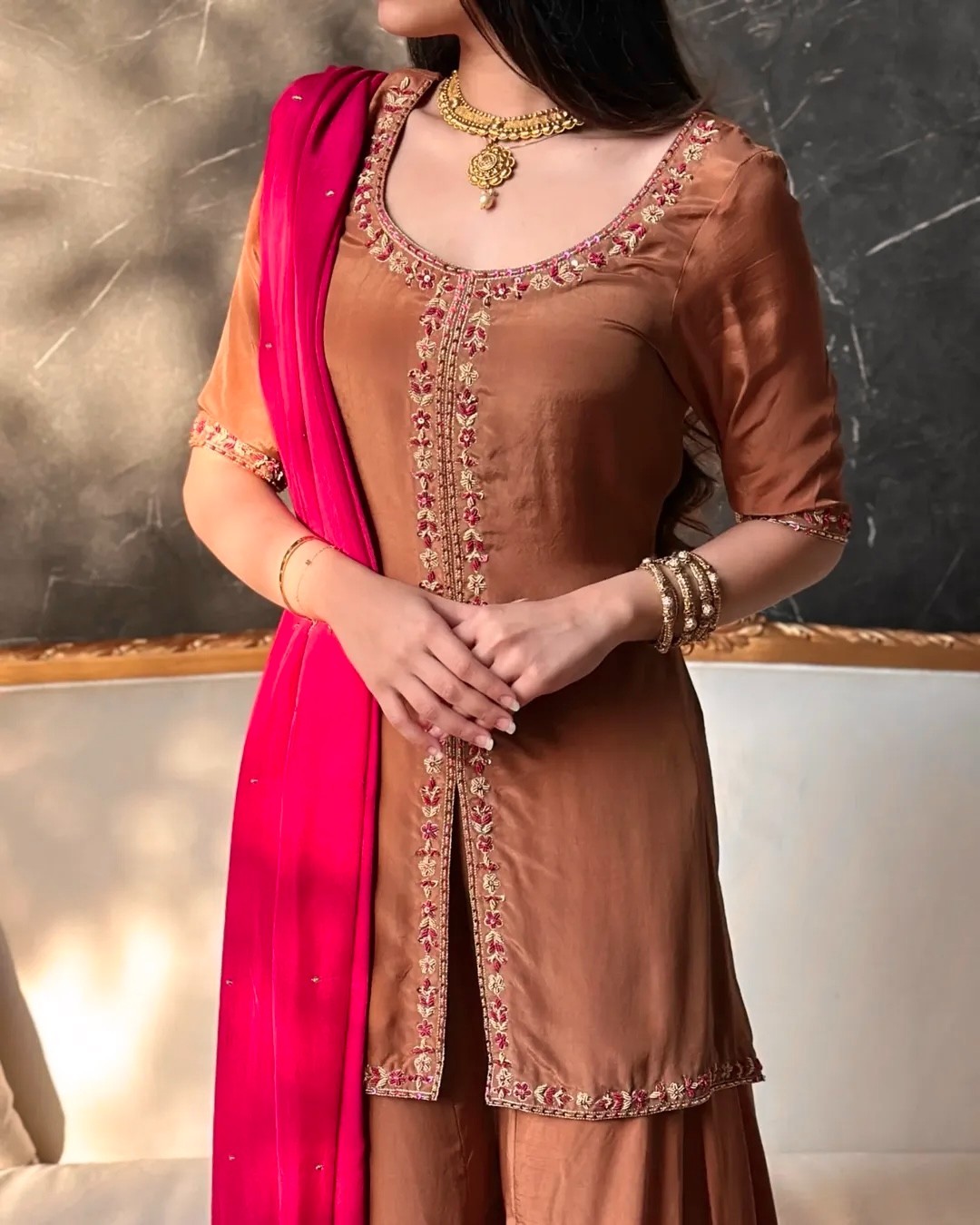 Fancy Designer Heavy Georgette Coffee Palazzo Suit And Dupatta For Function Wear