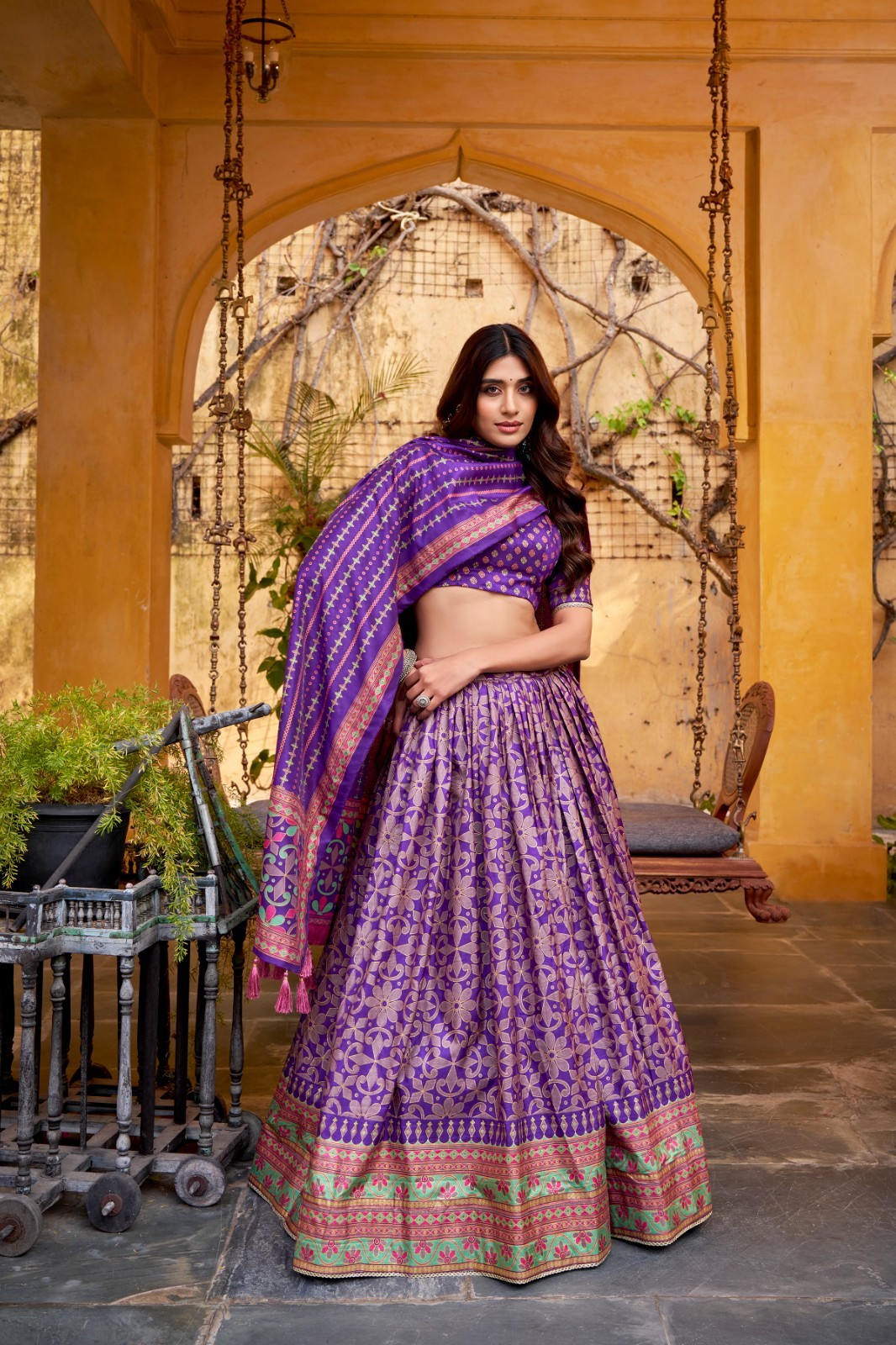 Traditional Cow Lotus Print Tussar Silk Lehenga Blouse Dupatta Set Ethnic Wear