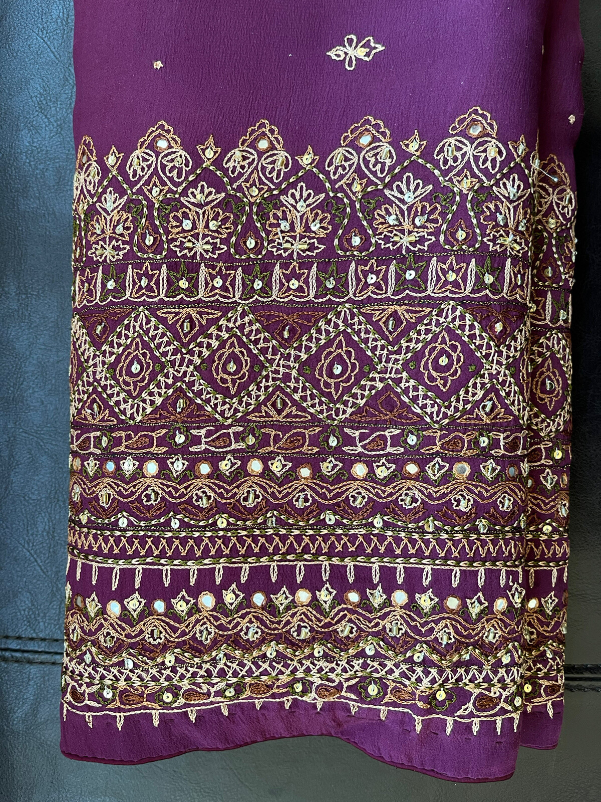 100% Silk Crepe Saree (RITU KUMAR Style) Wine + ZARI EMBROIDERY WORK + Blouse