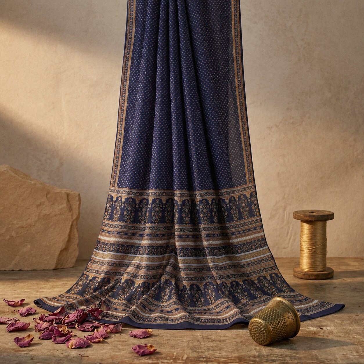 Sanskriti Vintage Blue Pure Silk Saree Floral Print Sari Craft Fabric 6.5 Yard