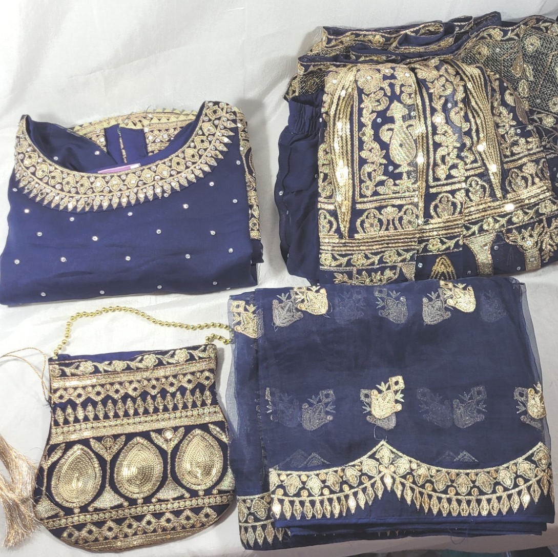 Haseens Women’s 4pc Salwar Kameez Palazzo w/ Dupatta & Purse – Blue/Gold – M