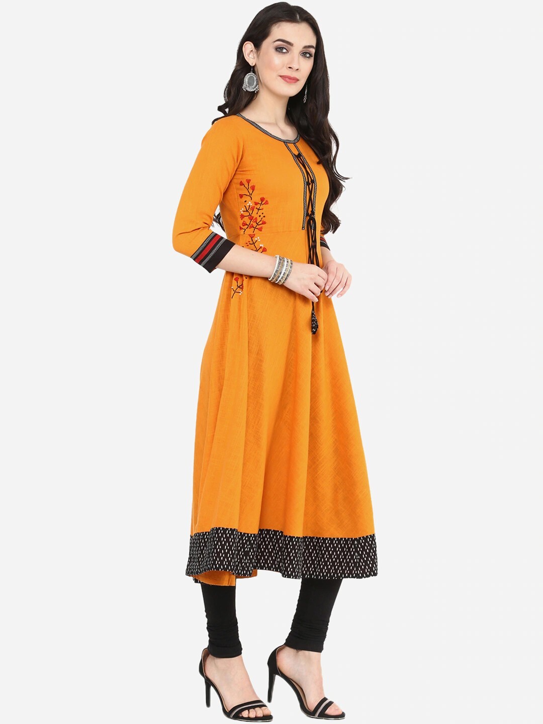 Women’s Embroidered Mustard Cotton Slub Anarkali Kurta, 3/4th Sleeves