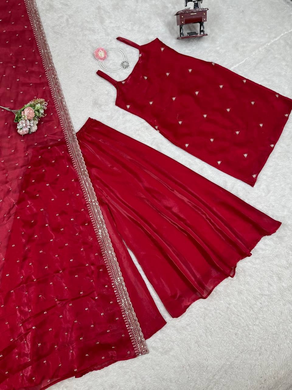 Stunning Look Gmy Silk Red Top Palazzo With Dupatta For Women Party Wear