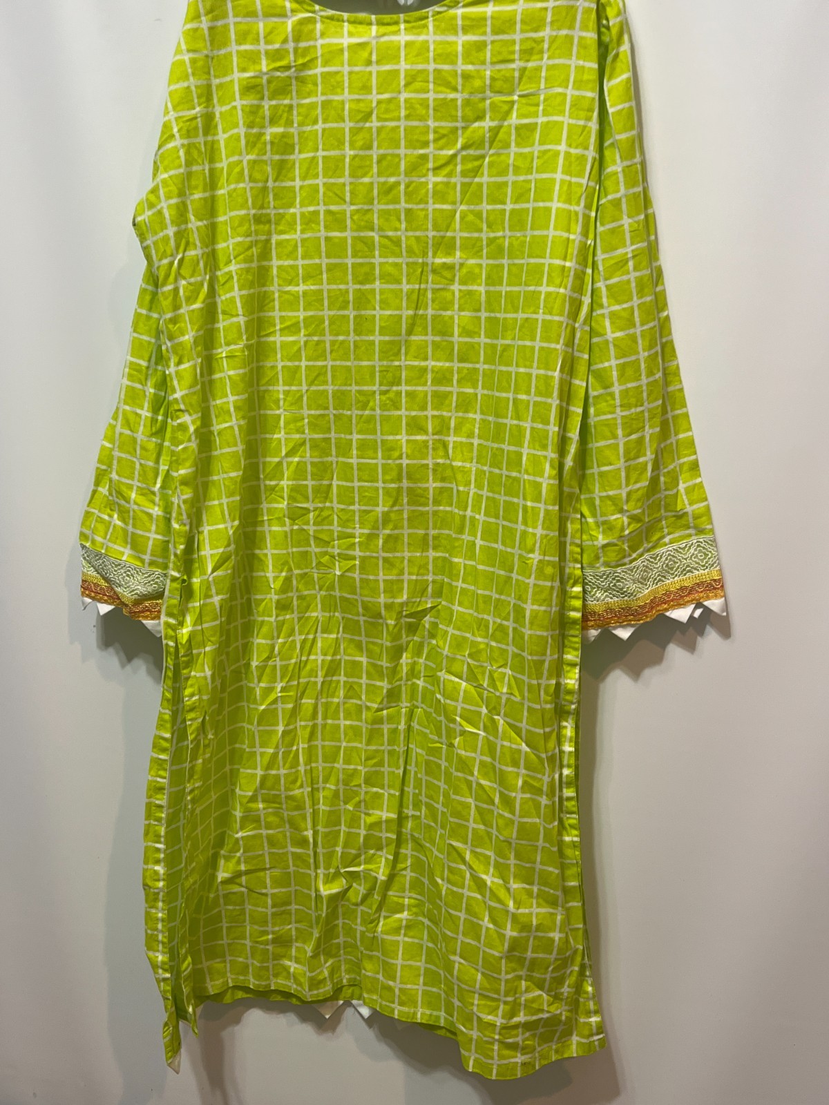 Green Checkered Kurti Tunic Top Embroidered Front 3/4 Sleeve Lightweight