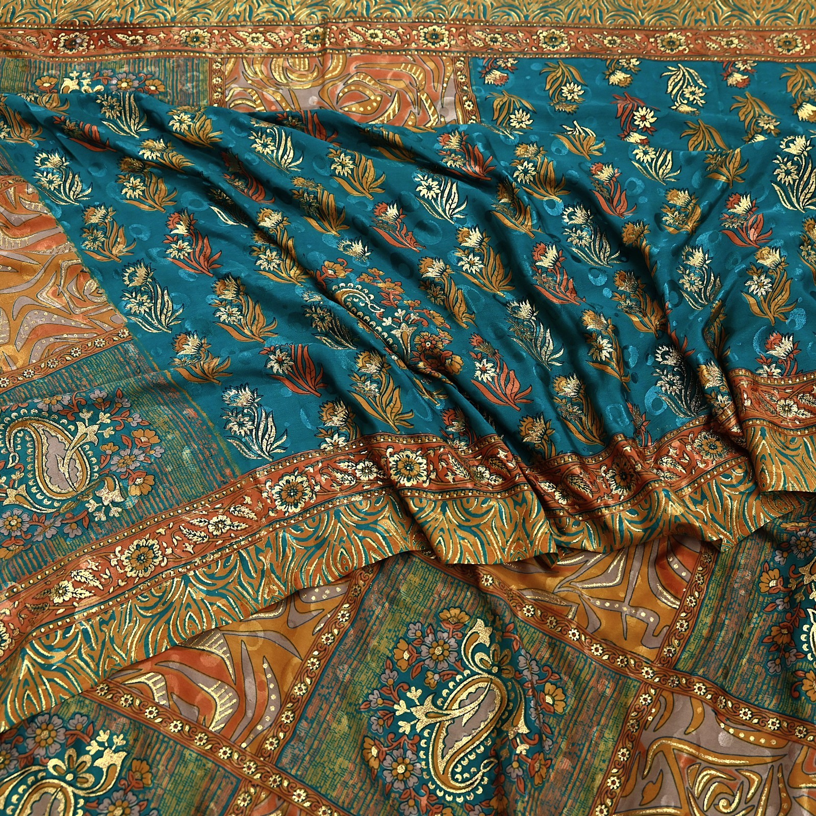 Indian Vintage Sari Moss Crepe Printed/Painted Saree Floral 5 Yards Soft Fabric