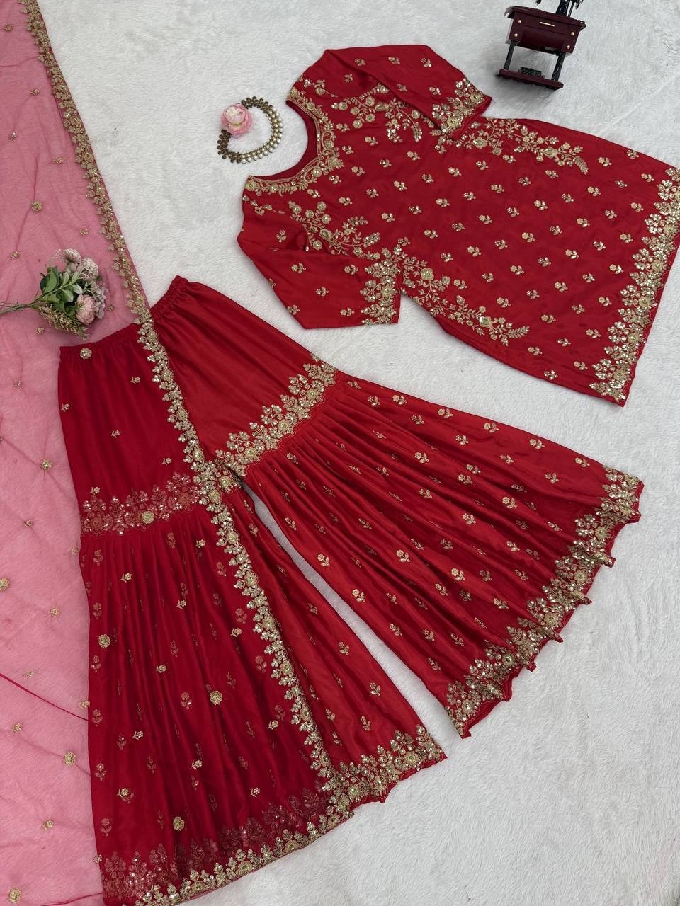Beautiful Chinon Silk Red Palazzo Suit With Dupatta For Indian Functional Wear
