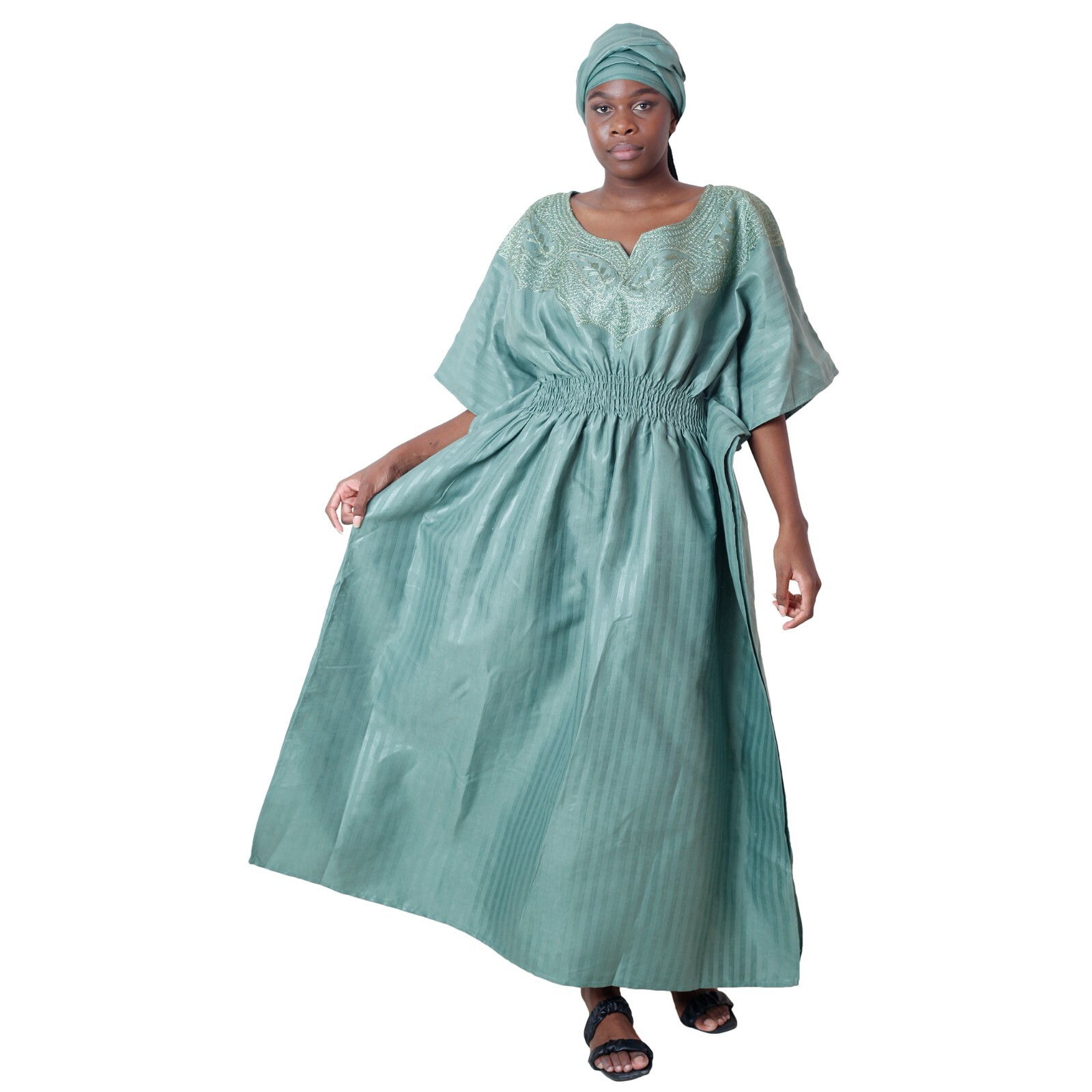 African Women’s Short Sleeve Smocking Waist Maxi Dress — FI-7010
