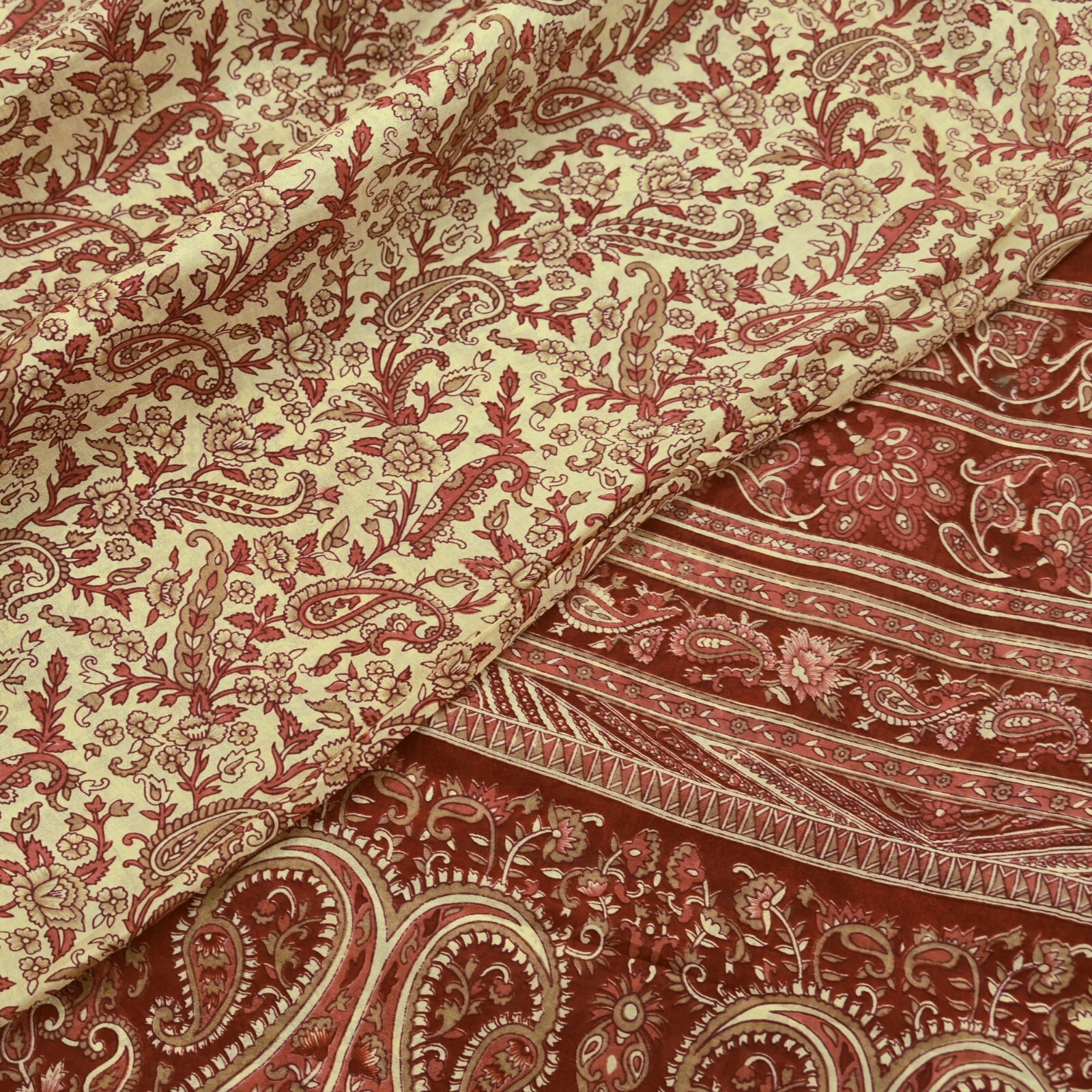 Indian Vintage Sari Brown & Ivory Pure Silk Printed Sarees Craft Fabric 6yd