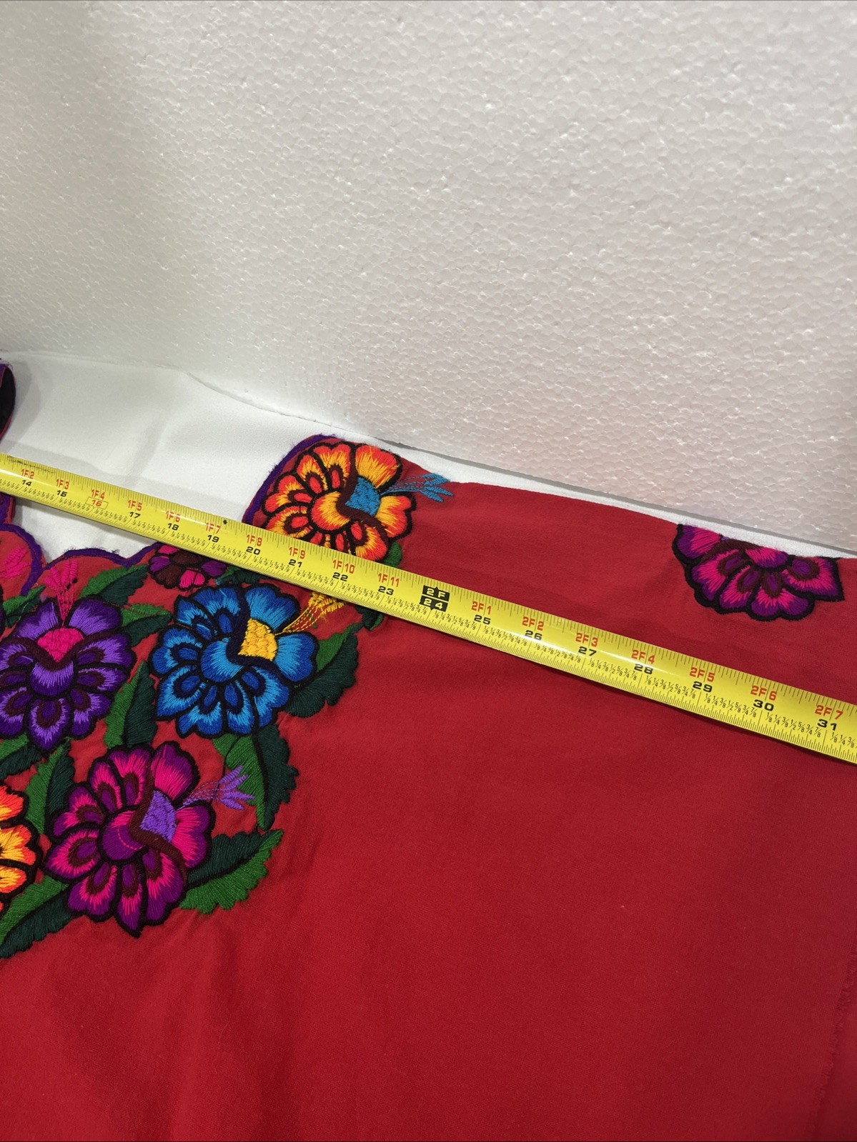Mexican Blouse Very Large Red Embroidered Floral Hand Stitched-READ