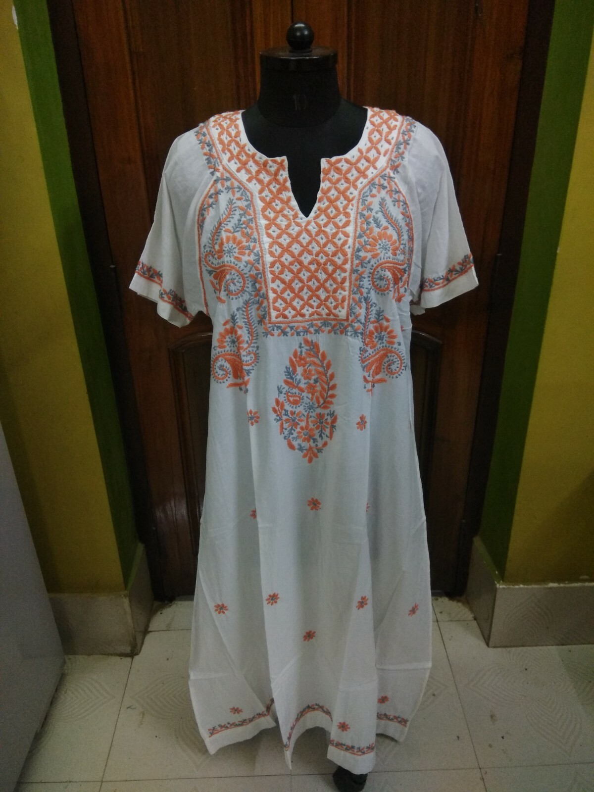 HANDMADE ETHNIC LONG MAXI 2XL 46″ TOP 100% COTTON KURTA KURTI CHIKAN EMBROIDERY