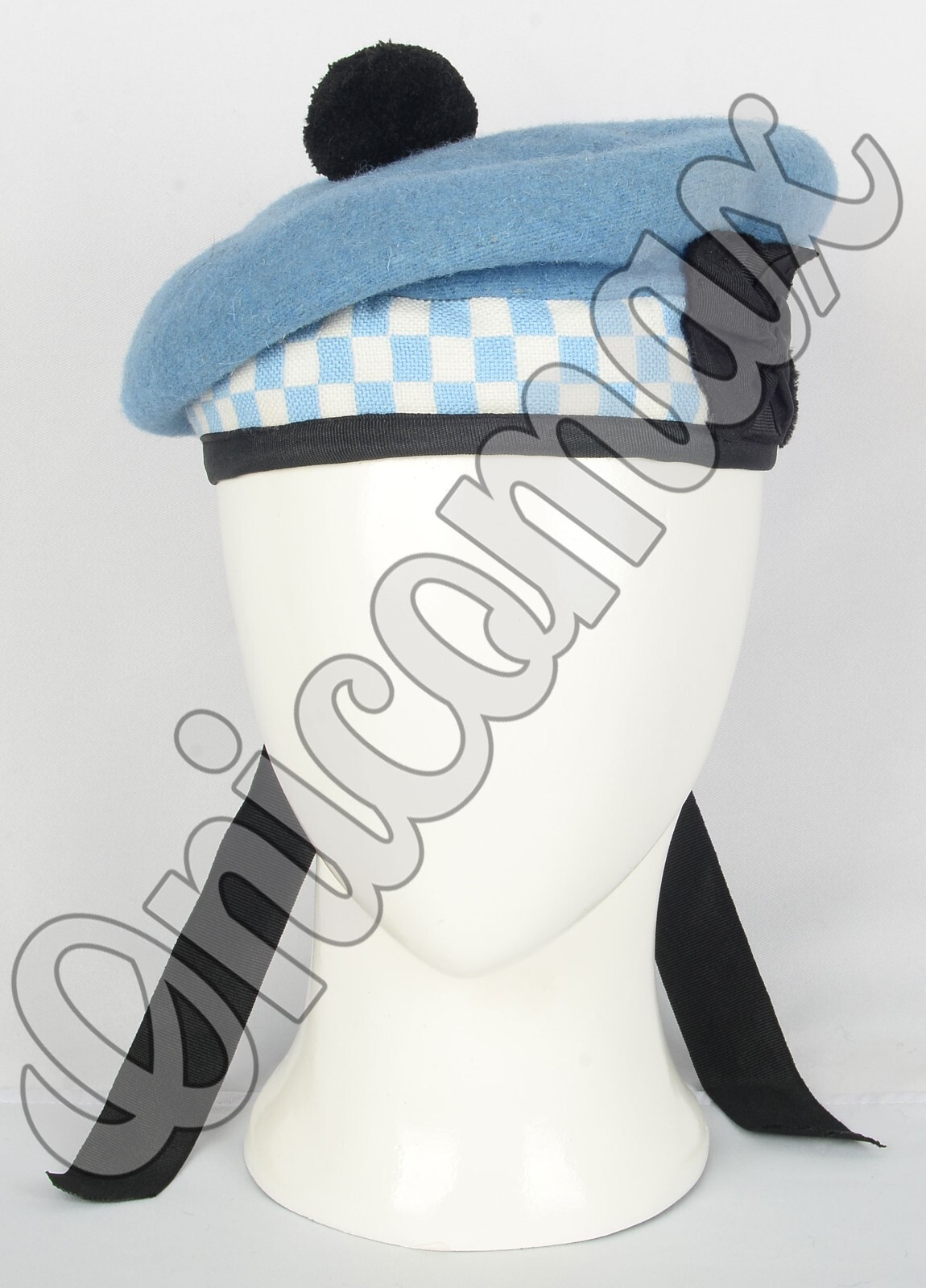 Scottish Balmoral Sky Blue Wool Military Diced Bonnet Hat Highlander Kilt Cap