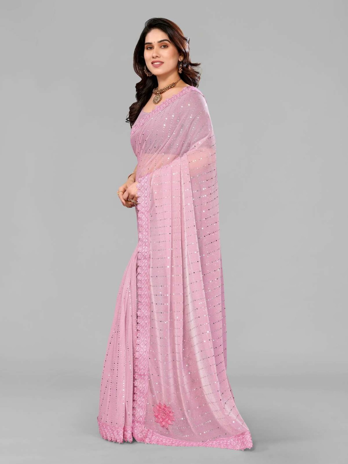 Embellished Bollywood Lycra Blend Saree with Unstitched Blouse (Pink)