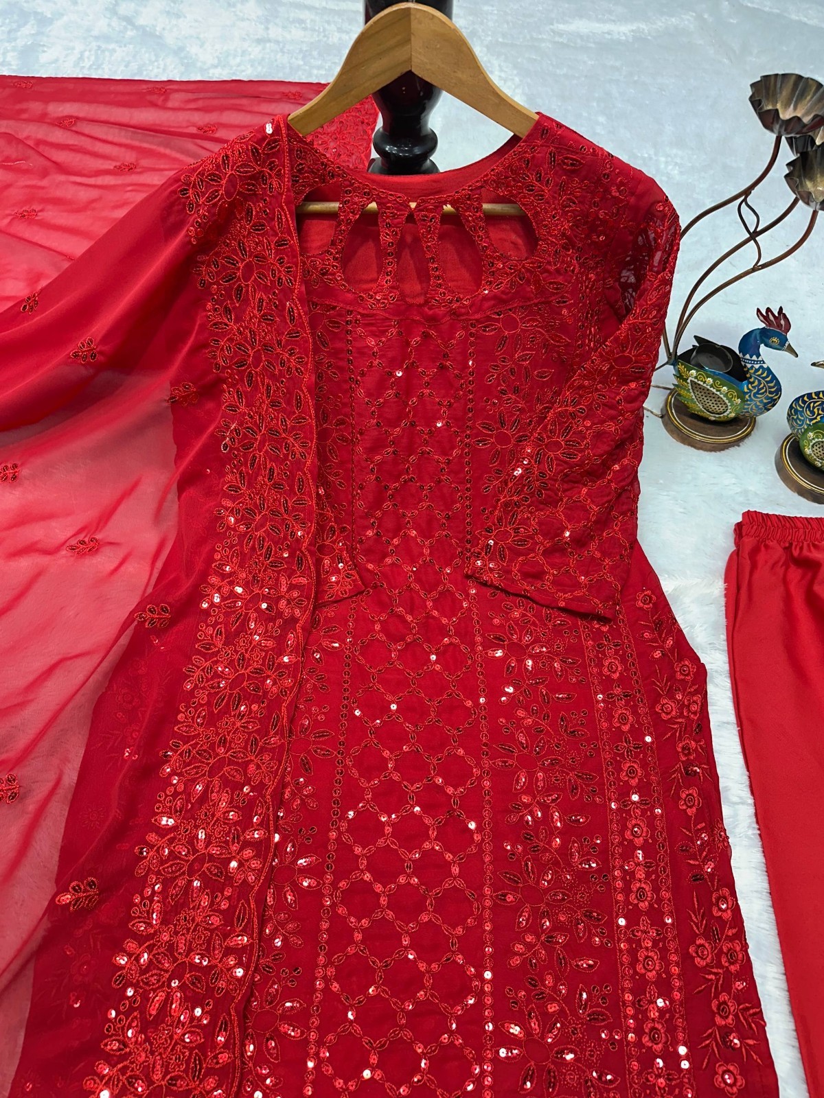 Beautiful Faux Georgette Red Salwar Kameez With Dupatta For Women Party Wear