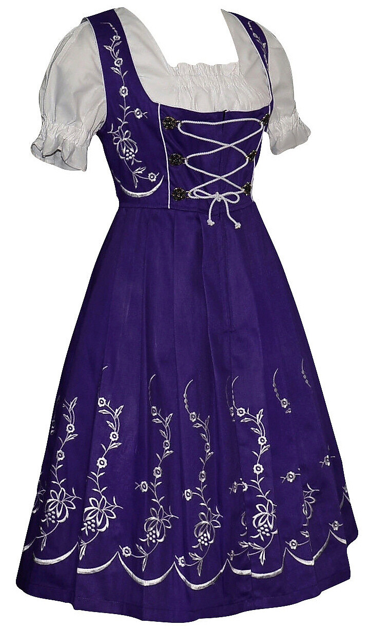 XS S M L XL 2XL EMBROIDERED German Dirndl Dress Long Purple Oktoberfest / 3 Pcs